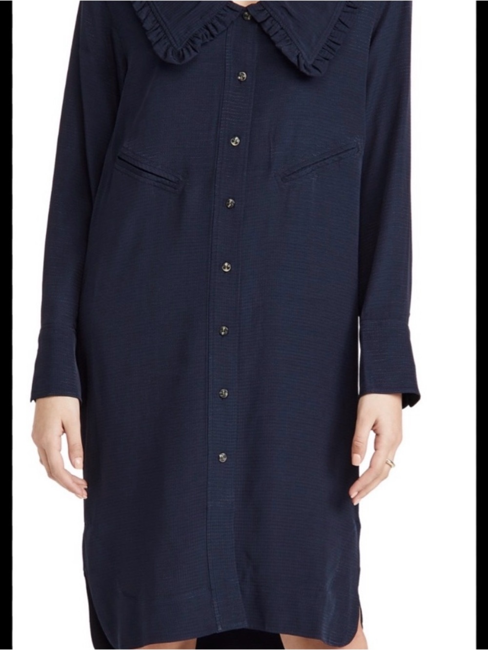 Ganni Navy Ruffled Collar Button-Front Dress
